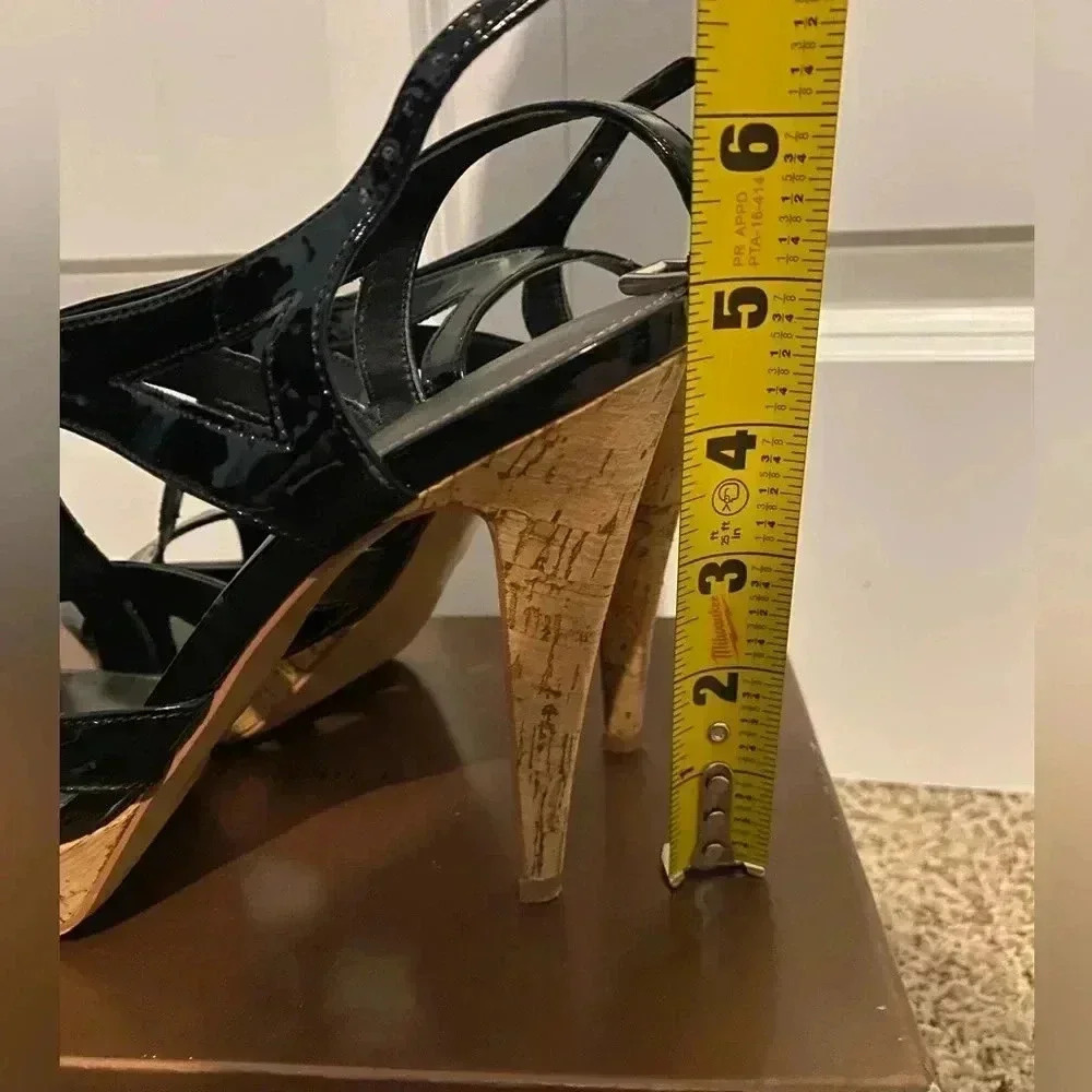 Audrey Brooke Shiny Black Cork Heeled Shoes Sz 8 - Picture 10 of 12